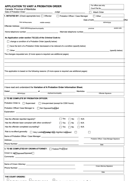 Fillable Form Crt20259 - Application To Vary A Probation Order - Province Of Manitoba,canada Printable pdf
