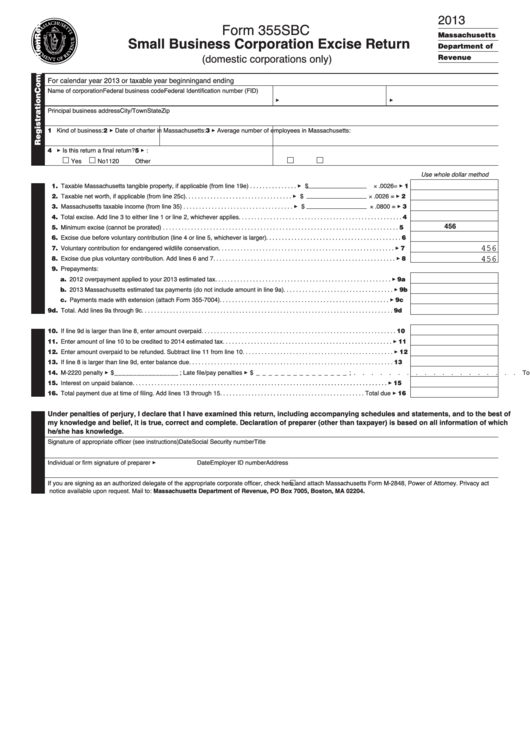 Fillable Form 355sbc - Small Business Corporation Excise Return - Massachusetts Department Of Revenue - 2013 Printable pdf