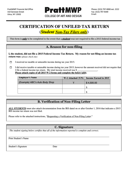 Fillable Certification Of Unfiled Tax Return For Student Non-Tax Filers Printable pdf