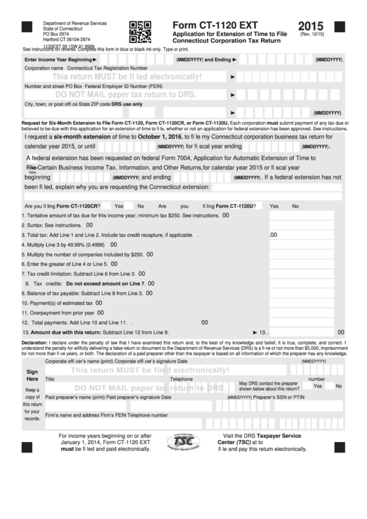 Form Ct-1120 Ext - Connecticut Application For Extension Of Time To File Connecticut Corporation Tax Return - 2015 Printable pdf