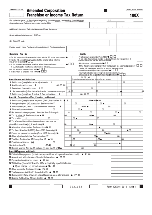 Fillable Form 110x - California Amended Corporation Franchise Or Income Tax Return Printable pdf