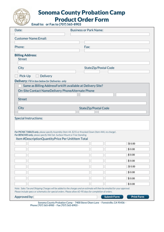 Fillable Product Order Form - Sonoma County Probation Camp Product Order Form Printable pdf