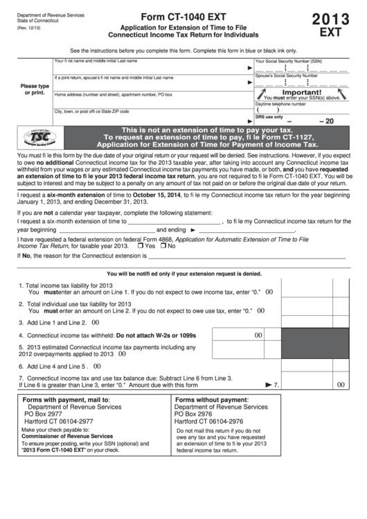 Fillable Form Ct-1040 Ext - Application For Extension Of Time To File Connecticut Income Tax Return For Individuals - 2013 Printable pdf