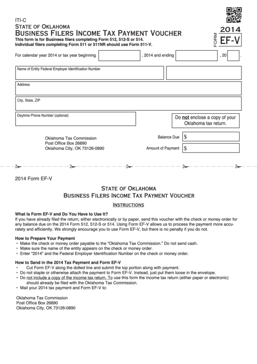 Form Ef-V - Business Filers Income Tax Payment Voucher - State Of Oklahoma - 2014 Printable pdf