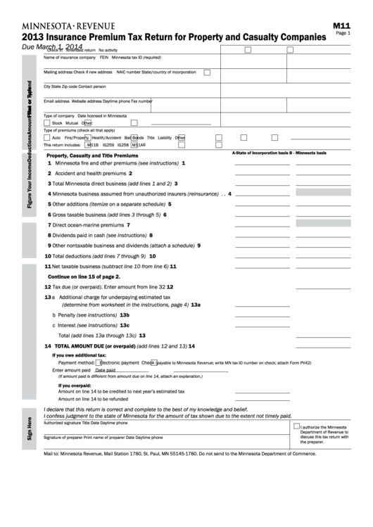 Fillable Form M11 - Insurance Premium Tax Return For Property And Casualty Companies - 2013 Printable pdf