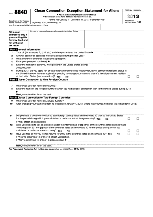 Fillable Form 8840 - Closer Connection Exception Statement For Aliens - 2013 Printable pdf