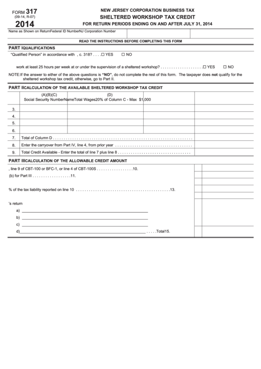 Fillable Form 317 - Sheltered Workshop Tax Credit - New Jersey Corporation Business Tax - 2014 Printable pdf