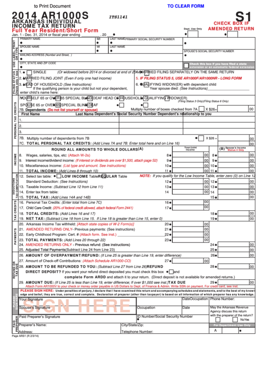 Fillable Form Ar1000s - Arkansas Individual Income Tax Return - 2014 ...