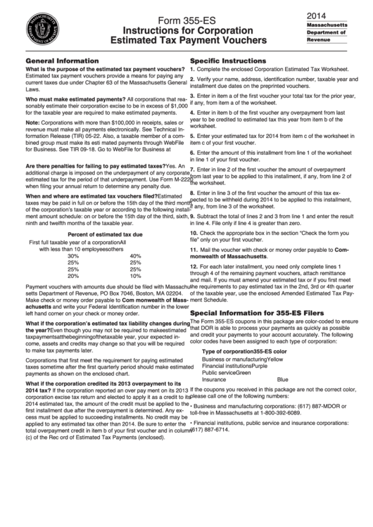 Fillable Form 355-Es - Corporation Estimated Tax Payment Vouchers - Massachusetts Department Of Revenue - 2014 Printable pdf