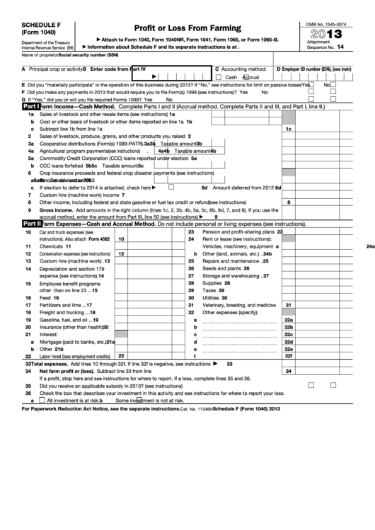 Schedule F (form 1040) - Profit Or Loss From Farming - 2013