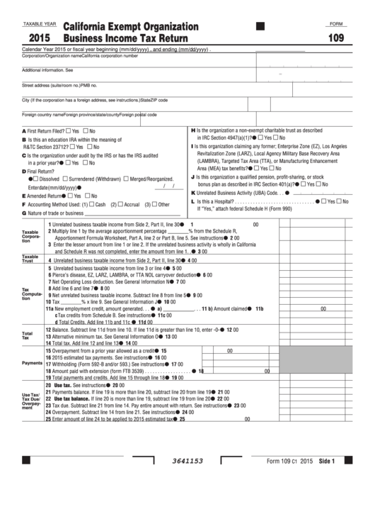 Fillable Form 109 - California Exempt Organization Business Income Tax Return - 2015 Printable pdf