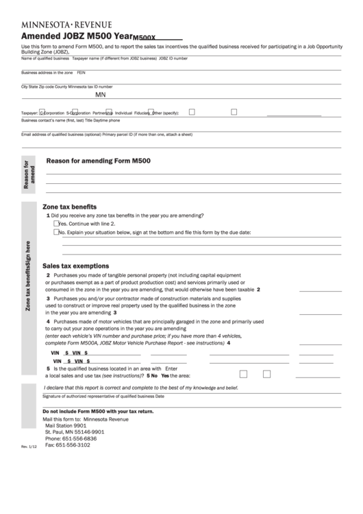 Fillable Form M500x - Amended Jobz M500 Year - Minnesota Department Of Revenue Printable pdf