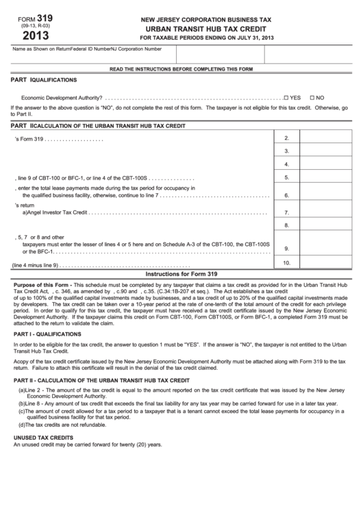 Fillable Form 319 - Urban Transit Hub Tax Credit - New Jersey Corporation Business Tax - 2013 Printable pdf