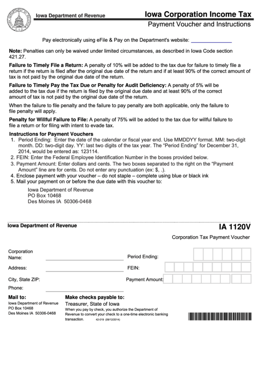 Fillable Form Ia 1120v - Iowa Corporation Tax Payment Voucher Printable pdf