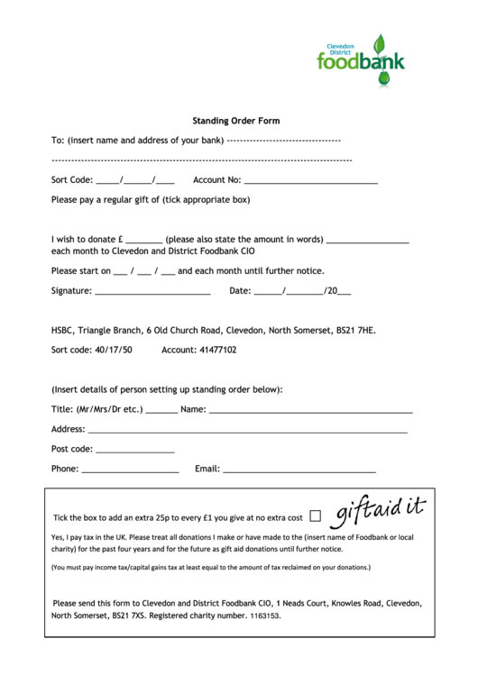 Standing Order Form - Clevedon District Printable pdf