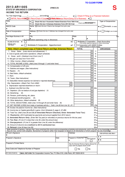 Fillable Form Ar1100s - State Of Arkansas S Corporation Income Tax Return - 2013 Printable pdf