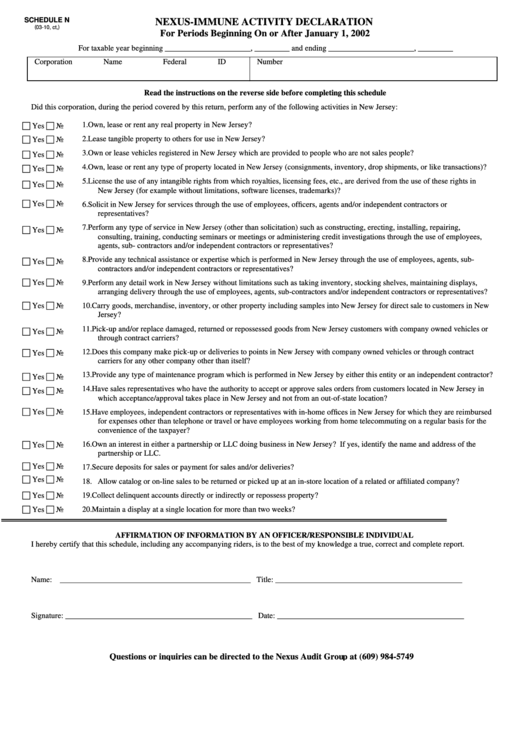 Fillable Schedule N - Nexus-Immune Activity Declaration - New Jersey Corporation Business Tax Return Printable pdf