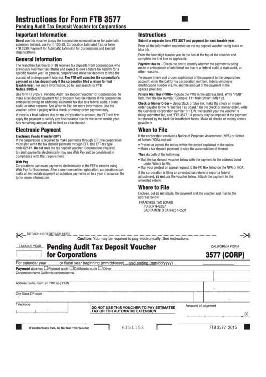 Form 3577 (Corp) - California Pending Audit Tax Deposit Voucher For Corporations Printable pdf