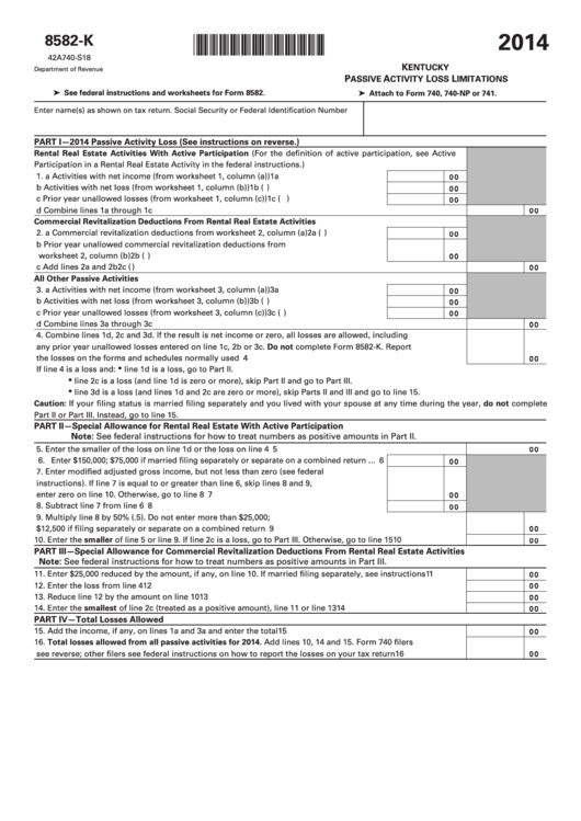 Fillable Form 8582-K - Kentucky Passive Activity Loss Limitations - 2014 Printable pdf