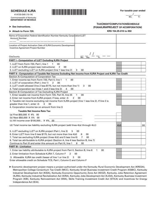 Fillable Schedule Kjra - Tax Credit Computation Schedule (For A Kjra Project Of A Corporation) - Kentucky Department Of Revenue Printable pdf