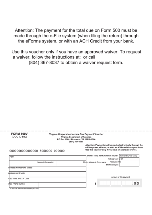 Fillable Form 500v - Virginia Corporation Income Tax Payment Voucher Printable pdf