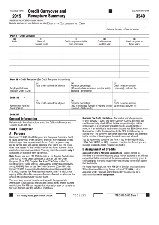 Form 3540 - California Credit Carryover And Recapture Summary - 2015 Printable pdf