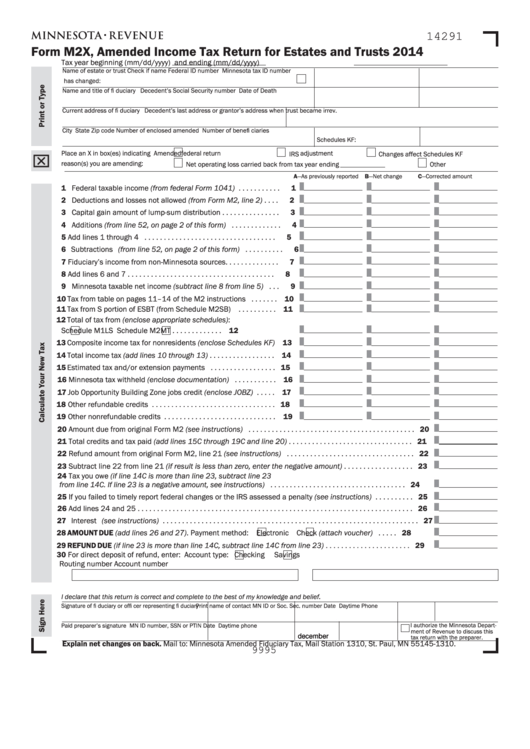 Fillable Form M2x - Minnesota Amended Income Tax Return For Estates And Trusts - 2014 Printable pdf