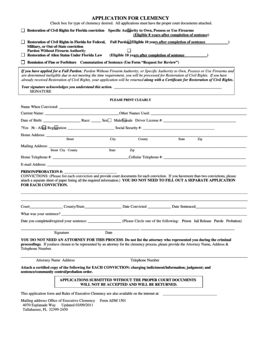 Fillable Form Adm 1501 - Application For Clemency - Florida Office Of Executive Clemency Printable pdf
