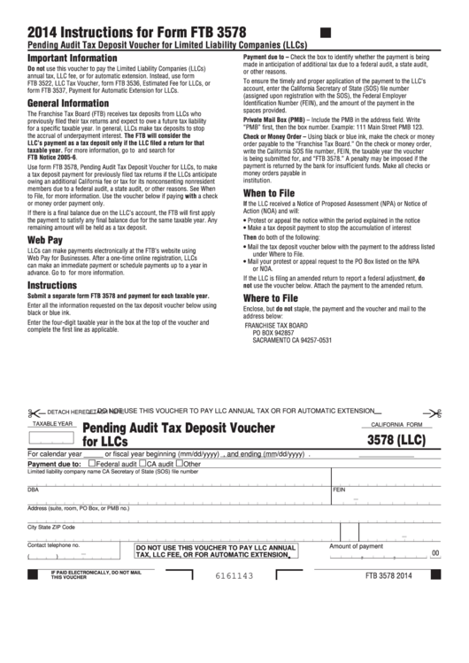 Form 3578 (Llc) - California Pending Audit Tax Deposit Voucher For Llcs Printable pdf