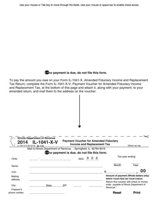 Fillable Form Il-1041-X-V - Illinois Payment Voucher For Amended Fiduciary Income And Replacement Tax - 2014 Printable pdf