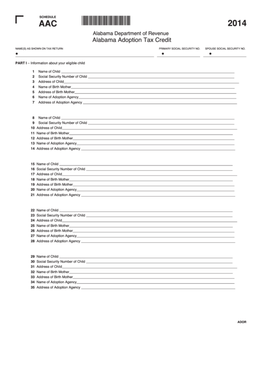 Schedule Aac - Alabama Adoption Tax Credit - 2014 Printable pdf