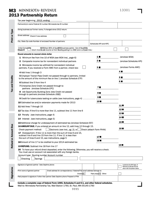 Fillable Form M3 - Partnership Return - Minnesota Department Of Revenue - 2013 Printable pdf