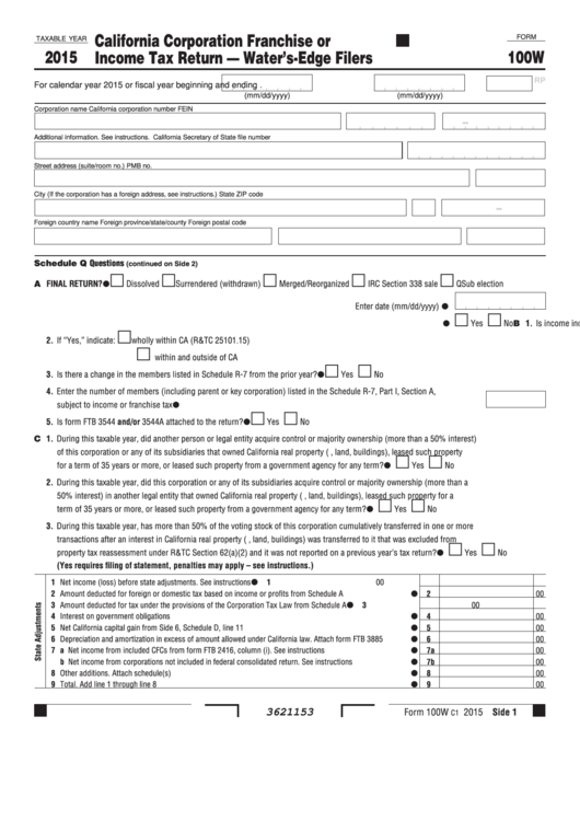 Form 100w - California Corporation Franchise Or Income Tax Return Water