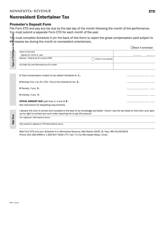 Fillable Form Etd - Nonresident Entertainer Tax - Minnesota Department Of Revenue Printable pdf