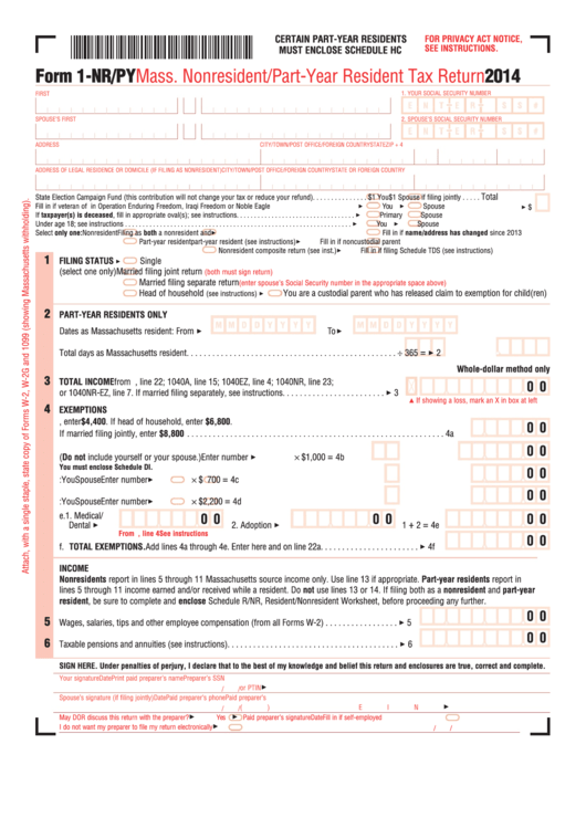 Fillable Form 1-Nr/py - Massachusetts Nonresident/part-Year Resident Tax Return - 2014 Printable pdf