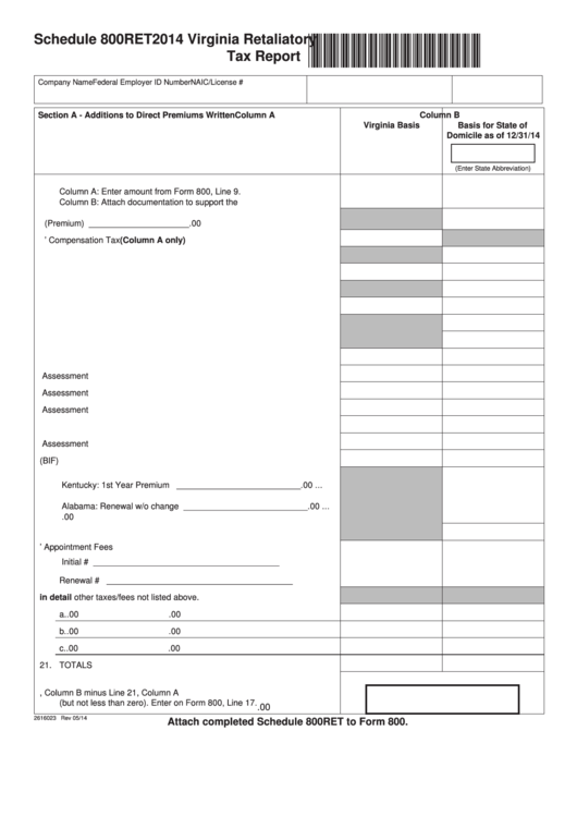 Fillable Schedule 800ret - Virginia Retaliatory Tax Report - 2014 Printable pdf