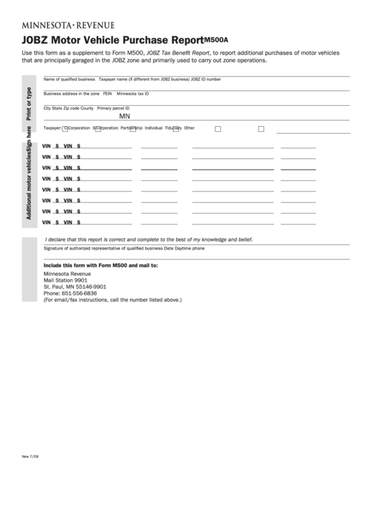 Fillable Form M500a - Minnesota Jobz Motor Vehicle Purchase Report Printable pdf
