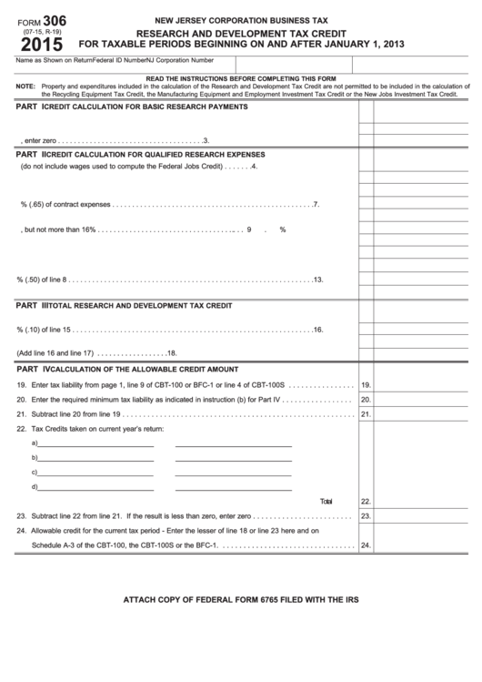 Fillable Form 306 - Research And Development Tax Credit - 2015 Printable pdf