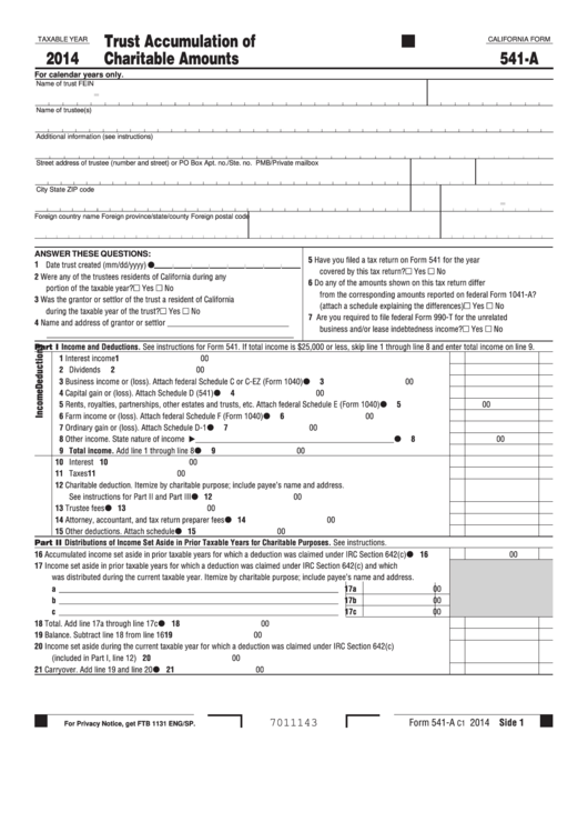 California Form 541-A - Trust Accumulation Of Charitable Amounts - 2014 Printable pdf