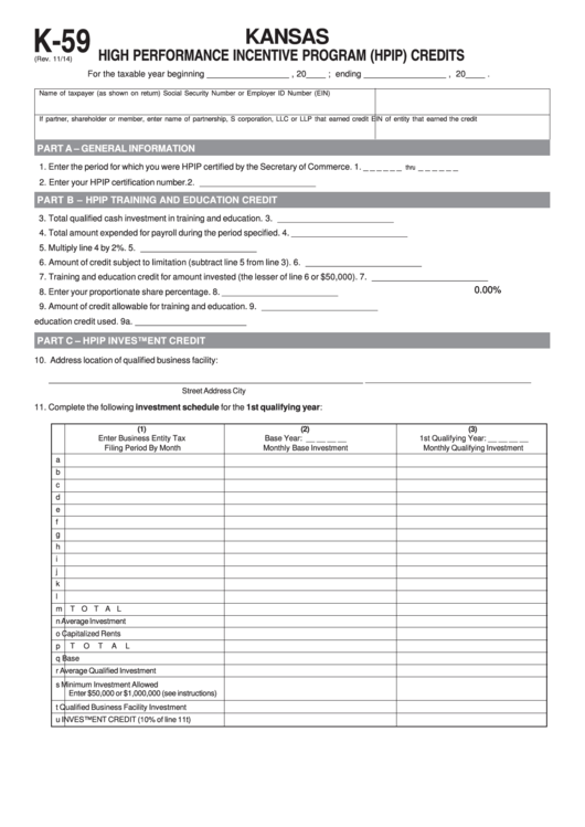 Fillable Schedule K-59 - Kansas High Performance Incentive Program (Hpip) Credits Printable pdf