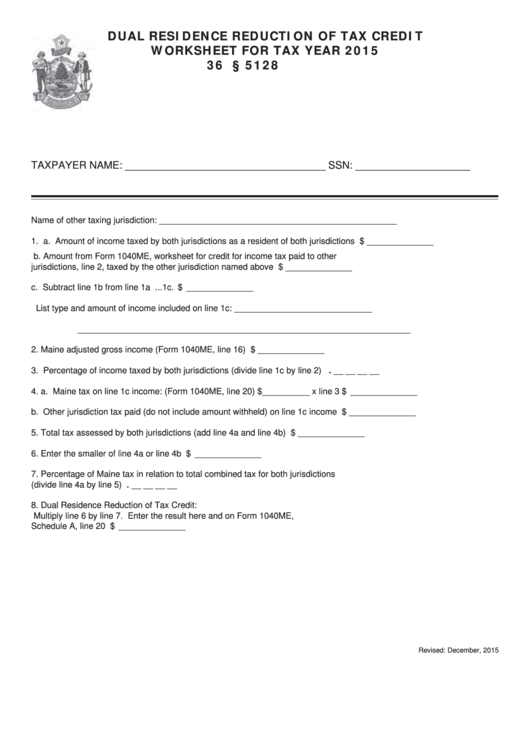 Dual Residence Reduction Of Tax Credit Worksheet For Tax Year 2015 Printable pdf