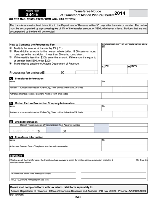 Fillable Form 334-E - Arizona Transferee Notice Of Transfer Of Motion ...