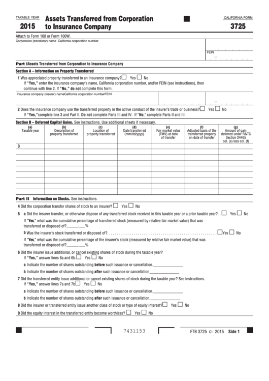 Form 3725 - California Assets Transferred From Corporation To Insurance Company - 2015 Printable pdf