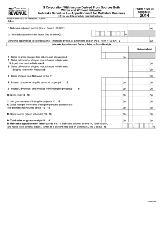 Fillable Form 1120-Sn - Nebraska S Corporation With Income Derived From Sources Both Within And Without Nebraska - 2014 Printable pdf