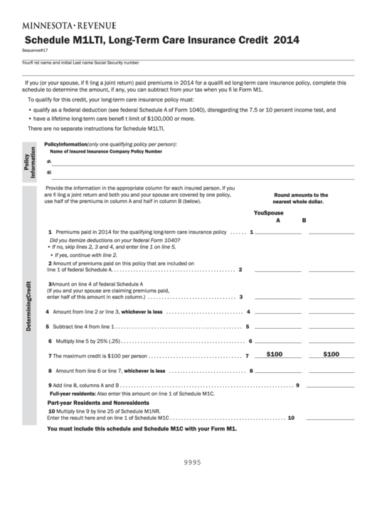 Fillable Schedule M1lti - Minnesota Long-Term Care Insurance Credit - 2014 Printable pdf