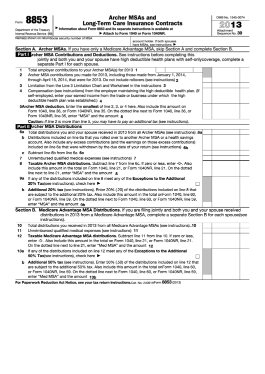 Fillable Form 8853 - Archer Msas And Long-Term Care Insurance Contracts - 2013 Printable pdf