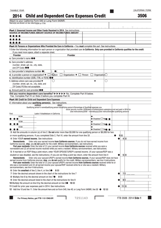 Form 3506 - California Child And Dependent Care Expenses Credit - 2014 Printable pdf