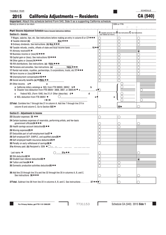 Fillable Schedule Ca (540) - California Adjustments Residents - 2015 Printable pdf