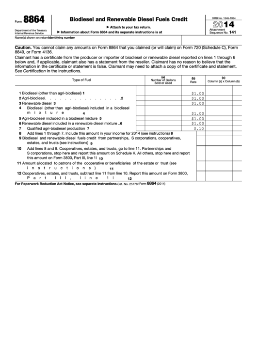 Fillable Form 8864 - Biodiesel And Renewable Diesel Fuels Credit - 2014 Printable pdf