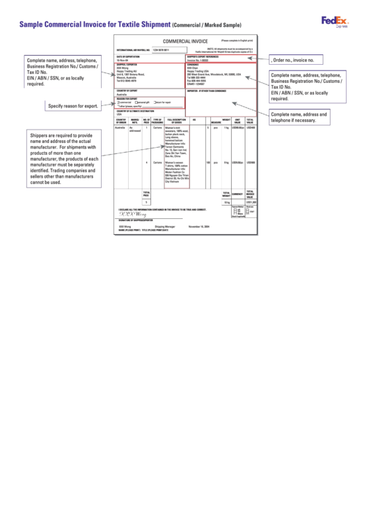 Fillable Sample Commercial Invoice For Textile Shipment Printable pdf